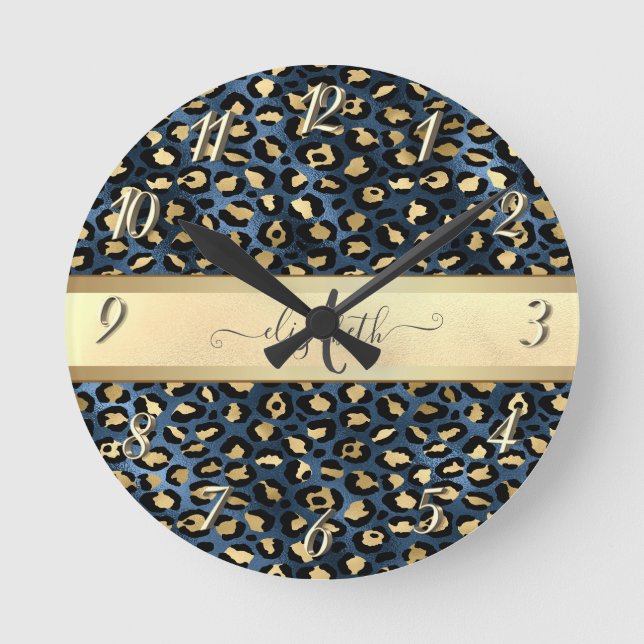 Leopard Pattern Black Bronze Monogram   Round Clock (Front)