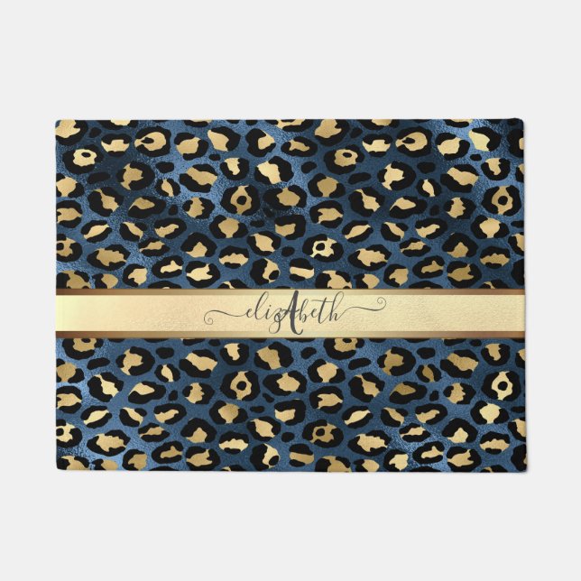 Leopard Pattern Blue Gold Monogram  Doormat (Front)