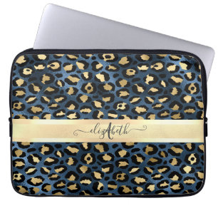 Leopard Pattern Blue Gold Monogram  Laptop Sleeve
