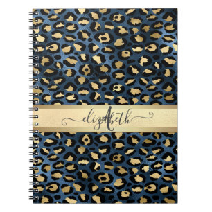 Leopard Pattern Blue Gold Monogram Notebook