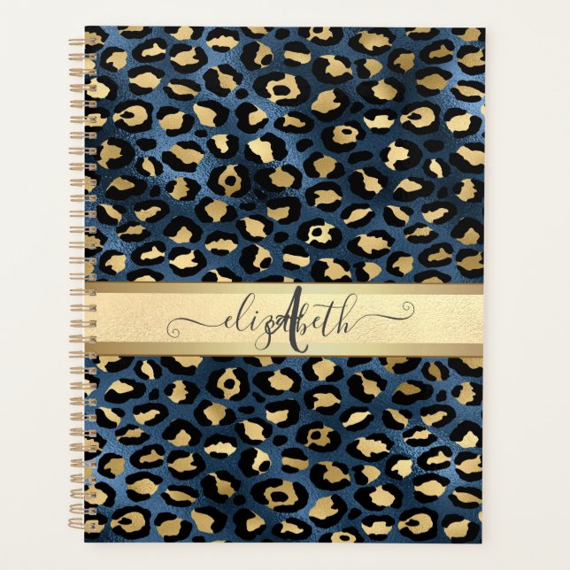 Leopard Pattern Blue Gold Monogram Planner (Front)