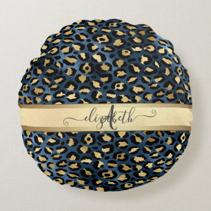 Leopard Pattern Blue Gold Monogram     Round Cushion
