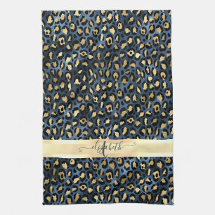 Leopard Pattern Blue Gold Monogram  Tea Towel