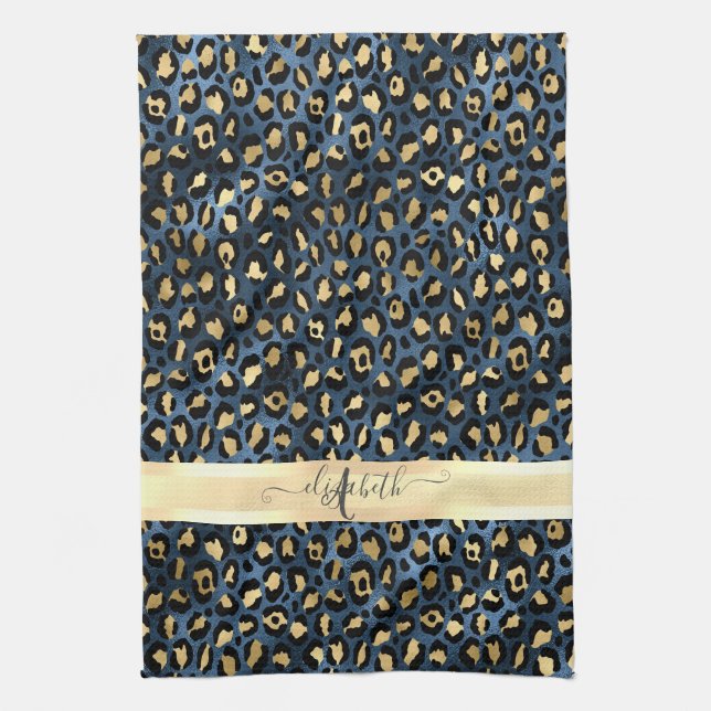 Leopard Pattern Blue Gold Monogram  Tea Towel (Vertical)