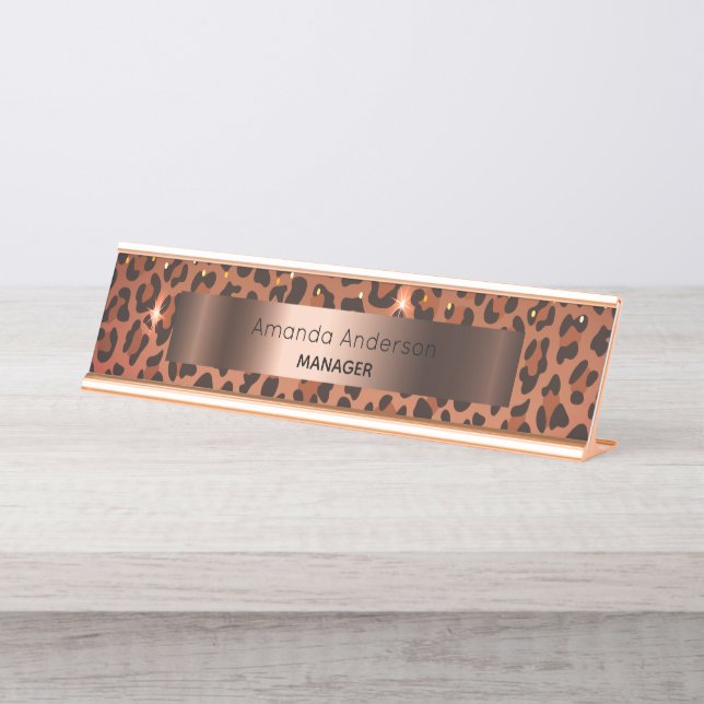 Leopard pattern brown black bronze metallic desk name plate (Front)