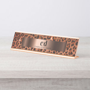 Leopard pattern brown black bronze metallic  desk name plate