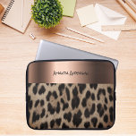 Leopard pattern brown black bronze metallic laptop sleeve<br><div class="desc">An elegant,  glamourous and feminine with brown and black leopard pattern,  photo of leopard fur. Template for your name,  a modern hand lettered style script. A faux bronze coloured band. Black letters.</div>