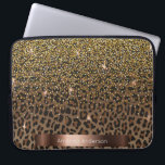 Leopard pattern brown black bronze metallic laptop sleeve<br><div class="desc">An elegant,  glamorous and feminine with brown and black leopard pattern,  decorated with golden confetti. Template for your name. A faux bronze colored frame. White letters.</div>