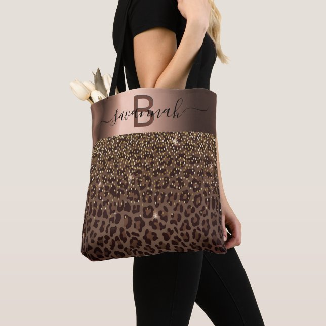 Leopard pattern brown black bronze metallic name tote bag (Close Up)