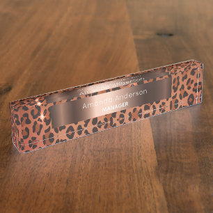 Leopard pattern brown black bronze metallic nameplate