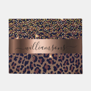 Leopard pattern brown black bronze monogram name doormat