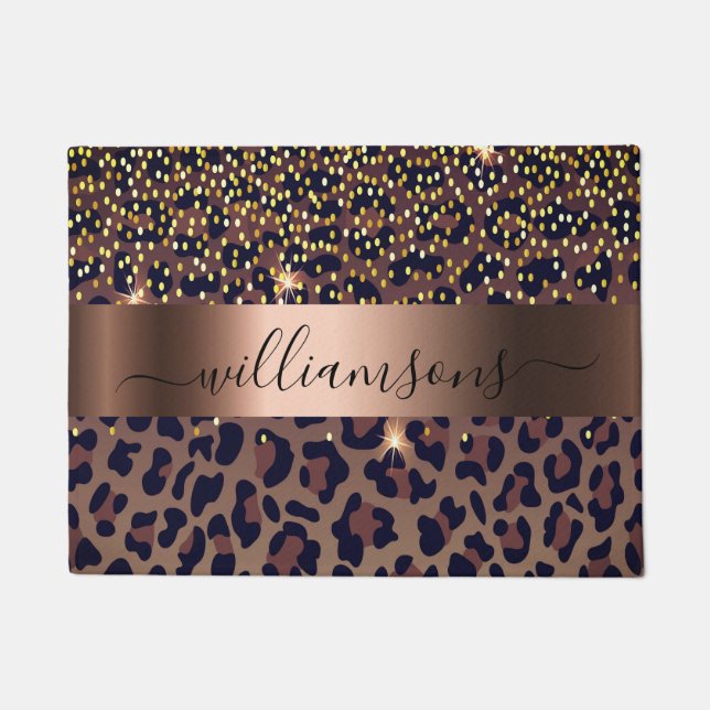 Leopard pattern brown black bronze monogram name doormat (Front)