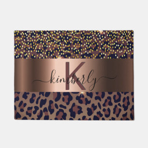 Leopard pattern brown black bronze monogram name doormat