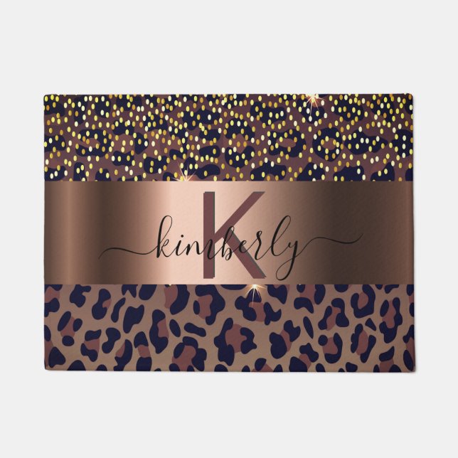 Leopard pattern brown black bronze monogram name doormat (Front)