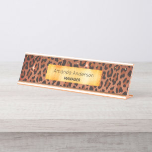 Leopard pattern brown black gold metallic desk name plate