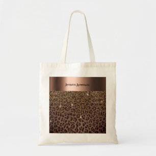 Leopard pattern brown black golden bronze metallic tote bag