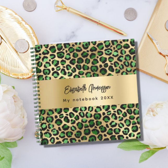 Leopard pattern emerald green gold name  notebook (Creator Uploaded)