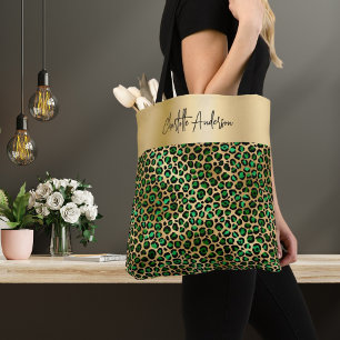Leopard pattern emerald green gold signature tote bag