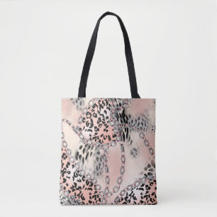 Leopard pattern, flowers, chain, roses tote bag