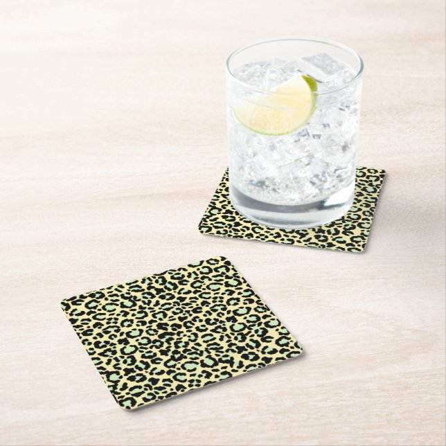 Leopard Pattern in Mint Green on Oatmeal Square Paper Coaster (Insitu)
