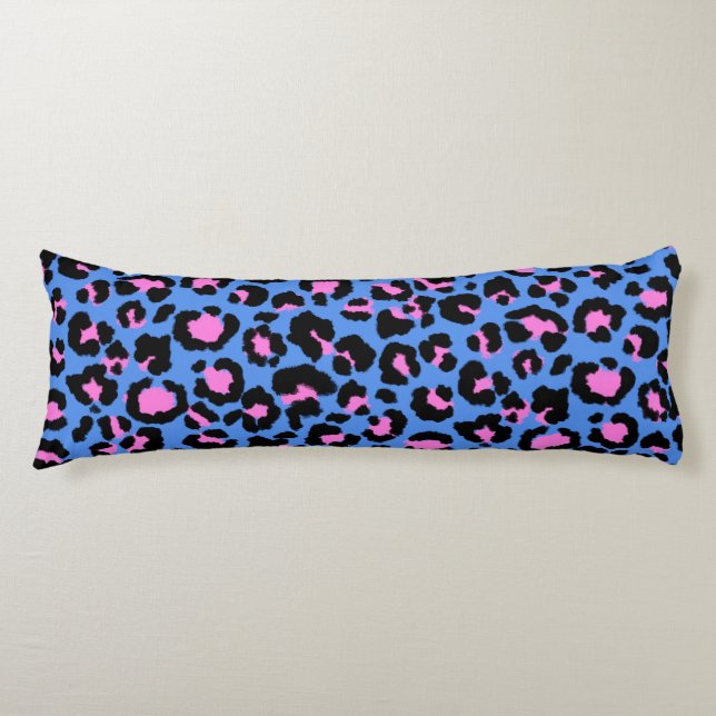 Leopard Pattern in Raspberry on Electric Blue Body Cushion (Front)