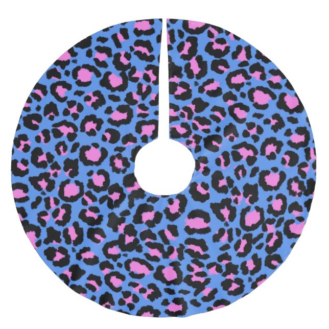 Leopard Pattern in Raspberry on Electric Blue Brushed Polyester Tree Skirt (Front)