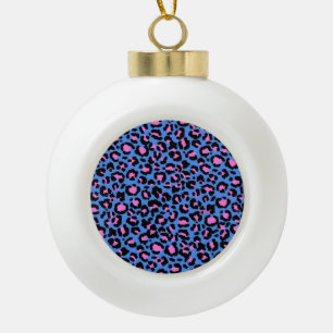 Leopard Pattern in Raspberry on Electric Blue Ceramic Ball Christmas Ornament