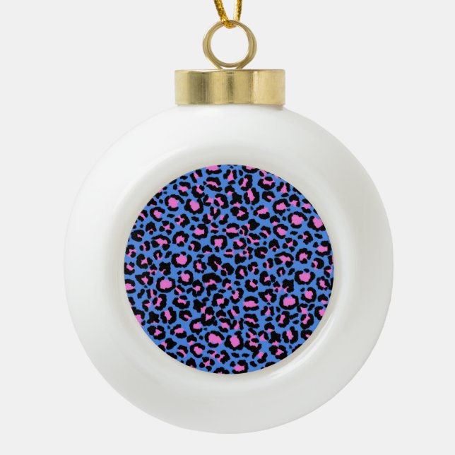 Leopard Pattern in Raspberry on Electric Blue Ceramic Ball Christmas Ornament (Front)