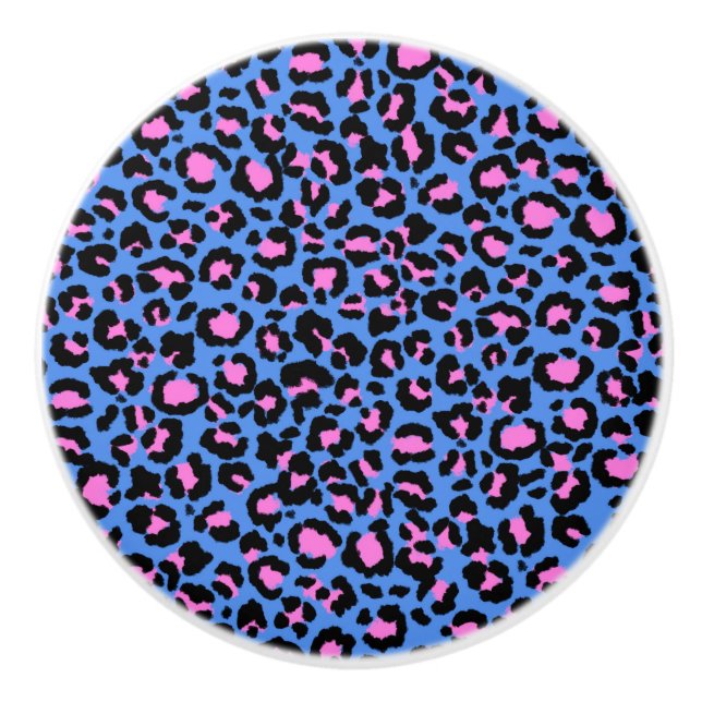Leopard Pattern in Raspberry on Electric Blue Ceramic Knob (Front)