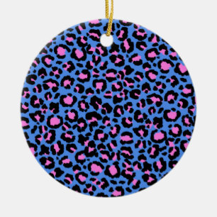 Leopard Pattern in Raspberry on Electric Blue Ceramic Tree Decoration
