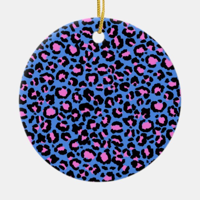 Leopard Pattern in Raspberry on Electric Blue  Ceramic Tree Decoration (Front)