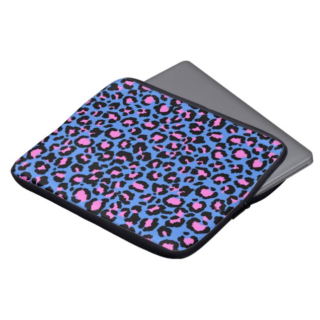 Leopard Pattern in Raspberry on Electric Blue Laptop Sleeve (Front Top)