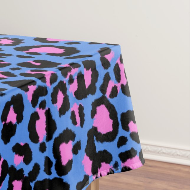 Leopard Pattern in Raspberry on Electric Blue Tablecloth (In Situ)