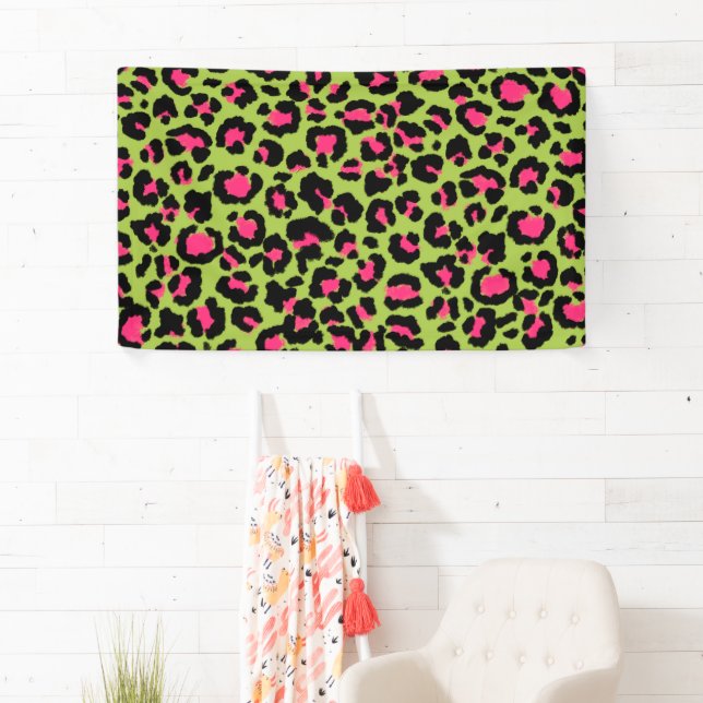 Leopard Pattern in Raspberry on Lime Green Banner (Insitu)