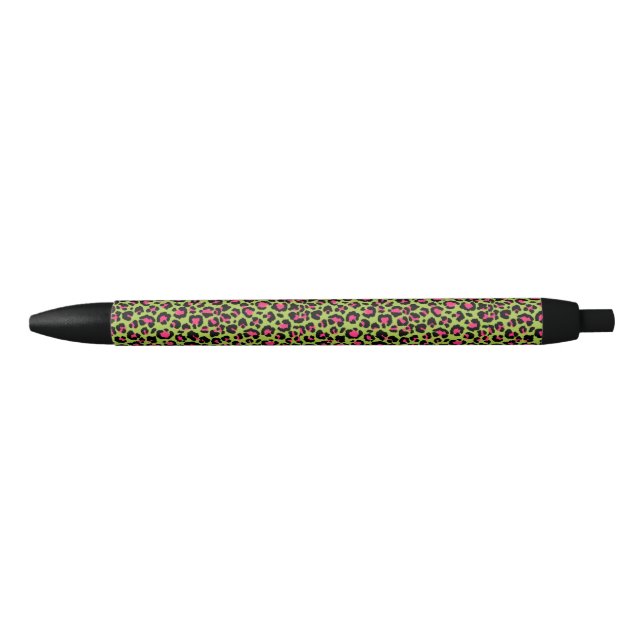 Leopard Pattern in Raspberry on Lime Green Black Ink Pen (Front)