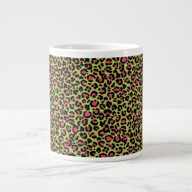Leopard Pattern in Raspberry on Lime Green Large Coffee Mug (Front)