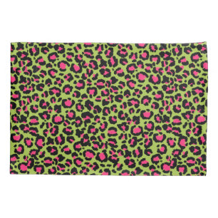Leopard Pattern in Raspberry on Lime Green Pillowcase