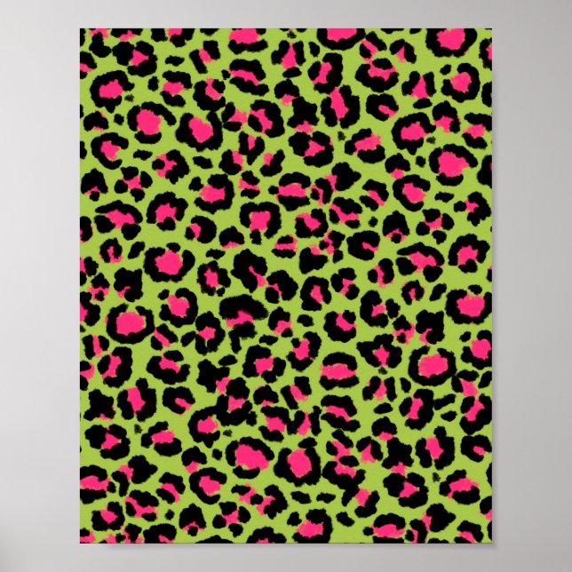 Leopard Pattern in Raspberry on Lime Green Poster (Front)