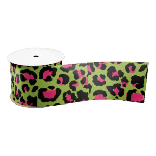 Leopard Pattern in Raspberry on Lime Green Satin Ribbon