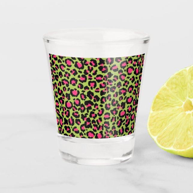 Leopard Pattern in Raspberry on Lime Green  Shot Glass (Front)