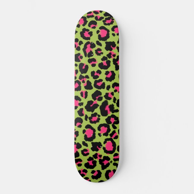 Leopard Pattern in Raspberry on Lime Green Skateboard (Front)