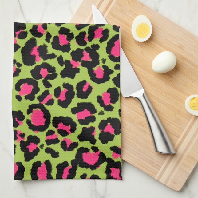 Leopard Pattern in Raspberry on Lime Green Tea Towel (Quarter Fold)