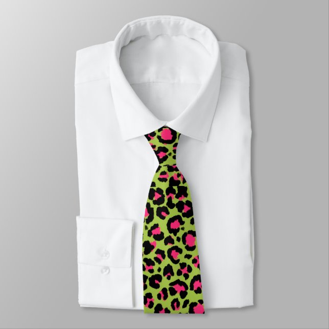 Leopard Pattern in Raspberry on Lime Green Tie (Tied)