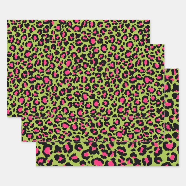 Leopard Pattern in Raspberry on Lime Green Wrapping Paper Sheet (Set)
