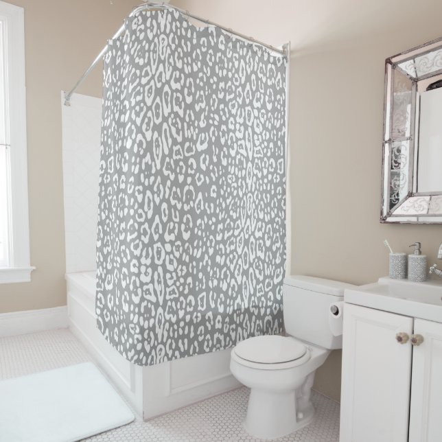 Leopard pattern in white and light grey shower curtain (In Situ)