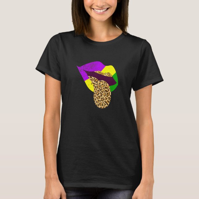 Leopard Pattern Mardi Gras Lips Carnival T-Shirt (Front)