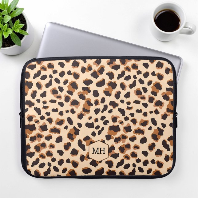 Leopard Pattern Monogram Brown Chic Initials Laptop Sleeve (Leopard Pattern Monogram Brown Chic Initials Laptop Sleeve)
