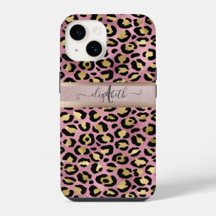 Leopard Pattern Monogram Rose Gold Black iPhone 14 Case