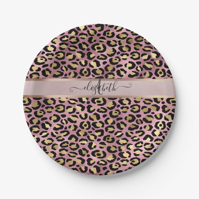 Leopard Pattern Monogram Rose Gold Black  Paper Plate (Front)