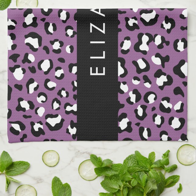 Leopard Pattern, Spots, Purple Leopard, Your Name Tea Towel (Folded)